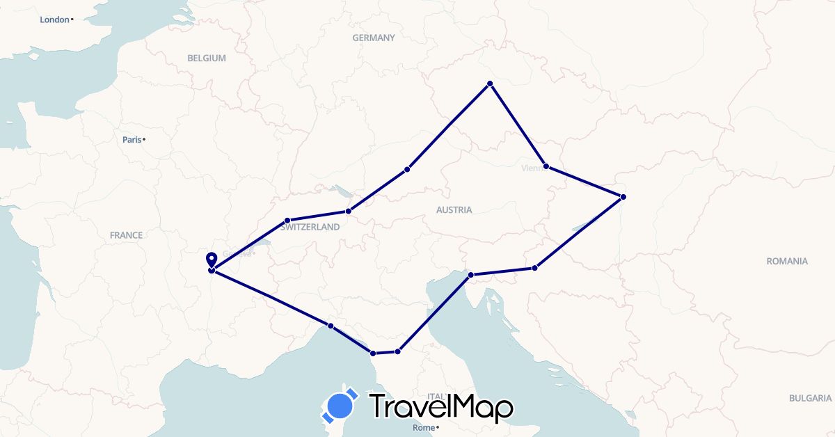 TravelMap itinerary: driving in Austria, Switzerland, Czech Republic, Germany, France, Croatia, Hungary, Italy, Liechtenstein (Europe)